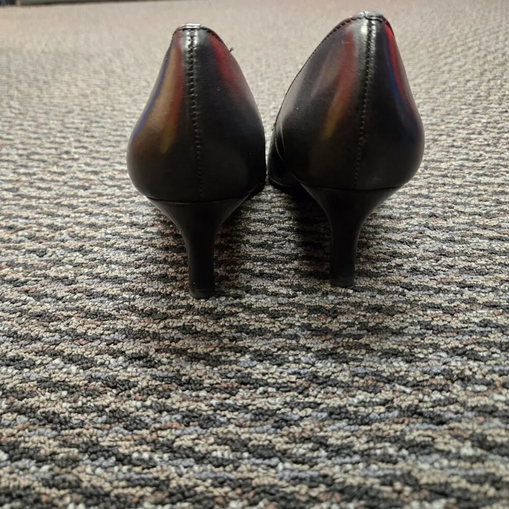 Talbots Black Leather Tassel Pumps 8 AA Narrow Loafer Heels Square Toe Brazil